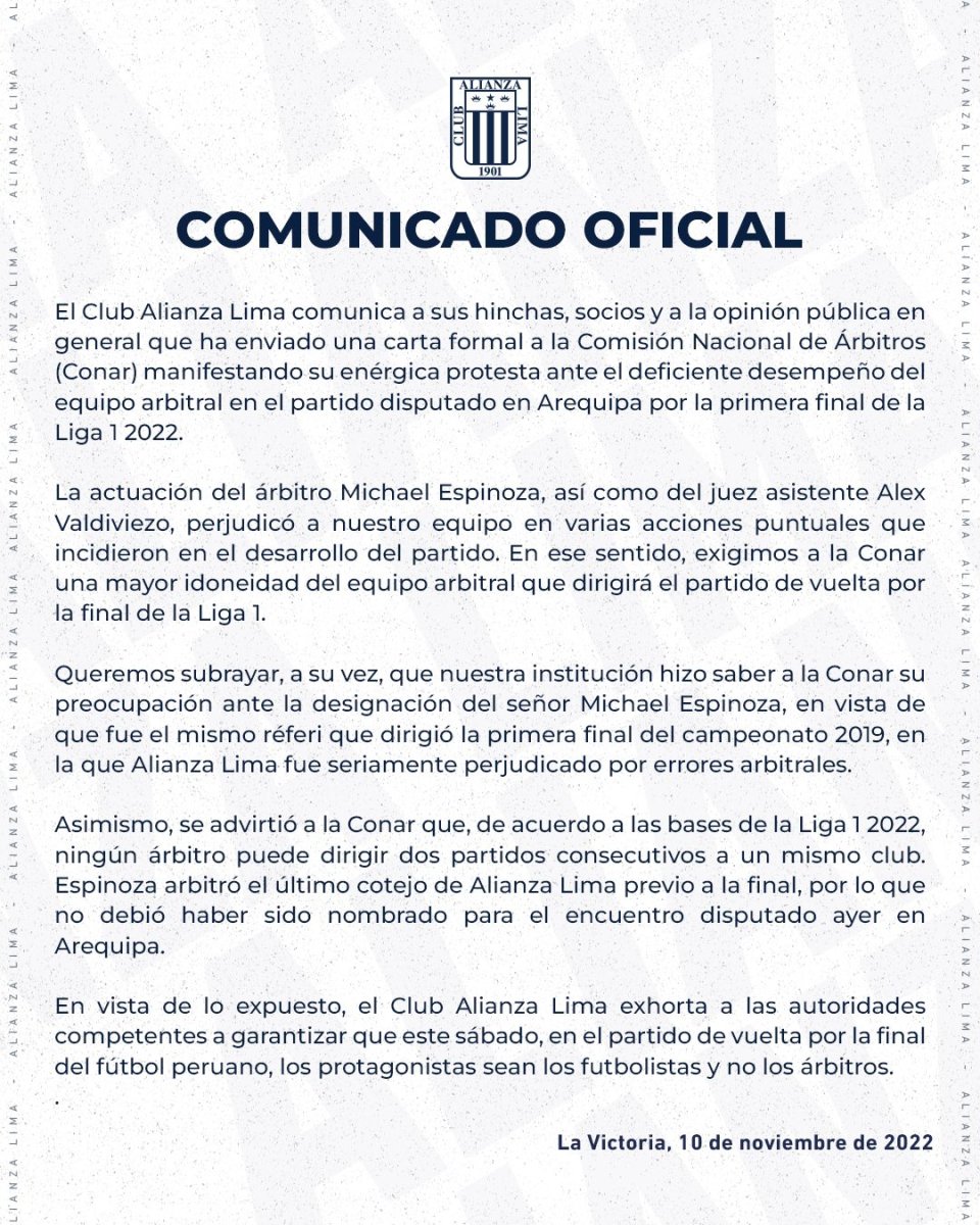 Alianza Lima emite comunicado para expresar disconformidad con arbitraje en su enfrentamiento contra Melgar.