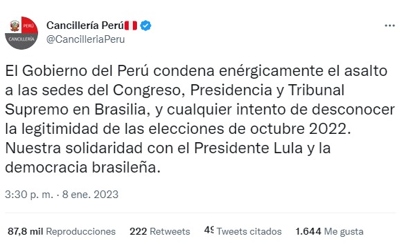 A través de un tuit Cancillería condenó ataques en Brasil.