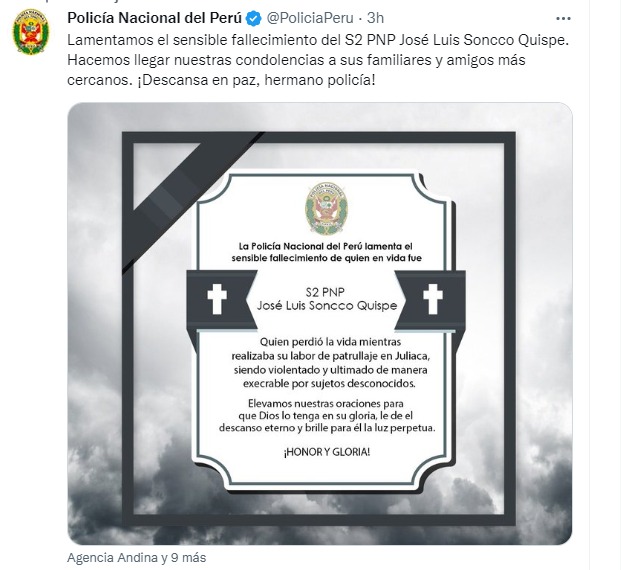 Policía Nacional del Perú en tuit lamenta la muerte de suboficial, en la ciudad de Juliaca.