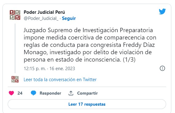 En un tuit el Poder Judicial informó sobre la diligencia en contra de Freddy Díaz. 