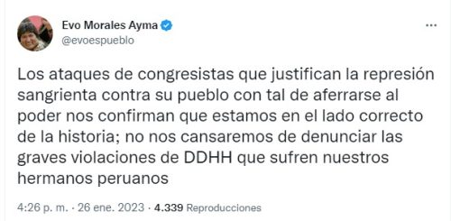 Tuit de Evo Morales sobra la situación que atraviesa el Perú.