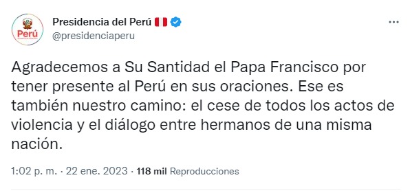 Tiwtter de la Presidencia del Perú agradeciendo al Papa Francisco.