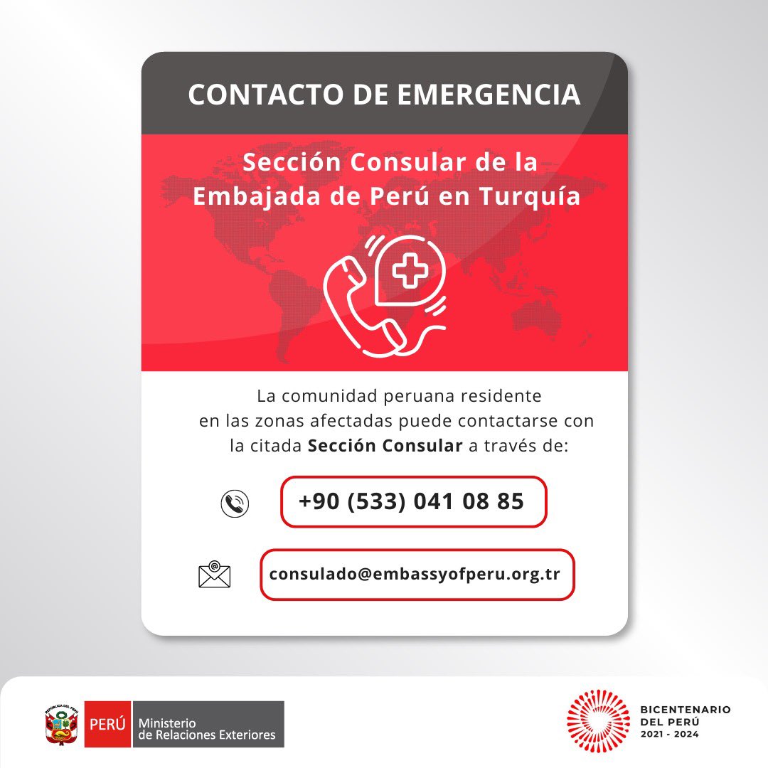 La Cancillería del Perú puso a disposición los canales de comunicación para que peruanos en Turquía se puedan reportar, tras terremoto. 