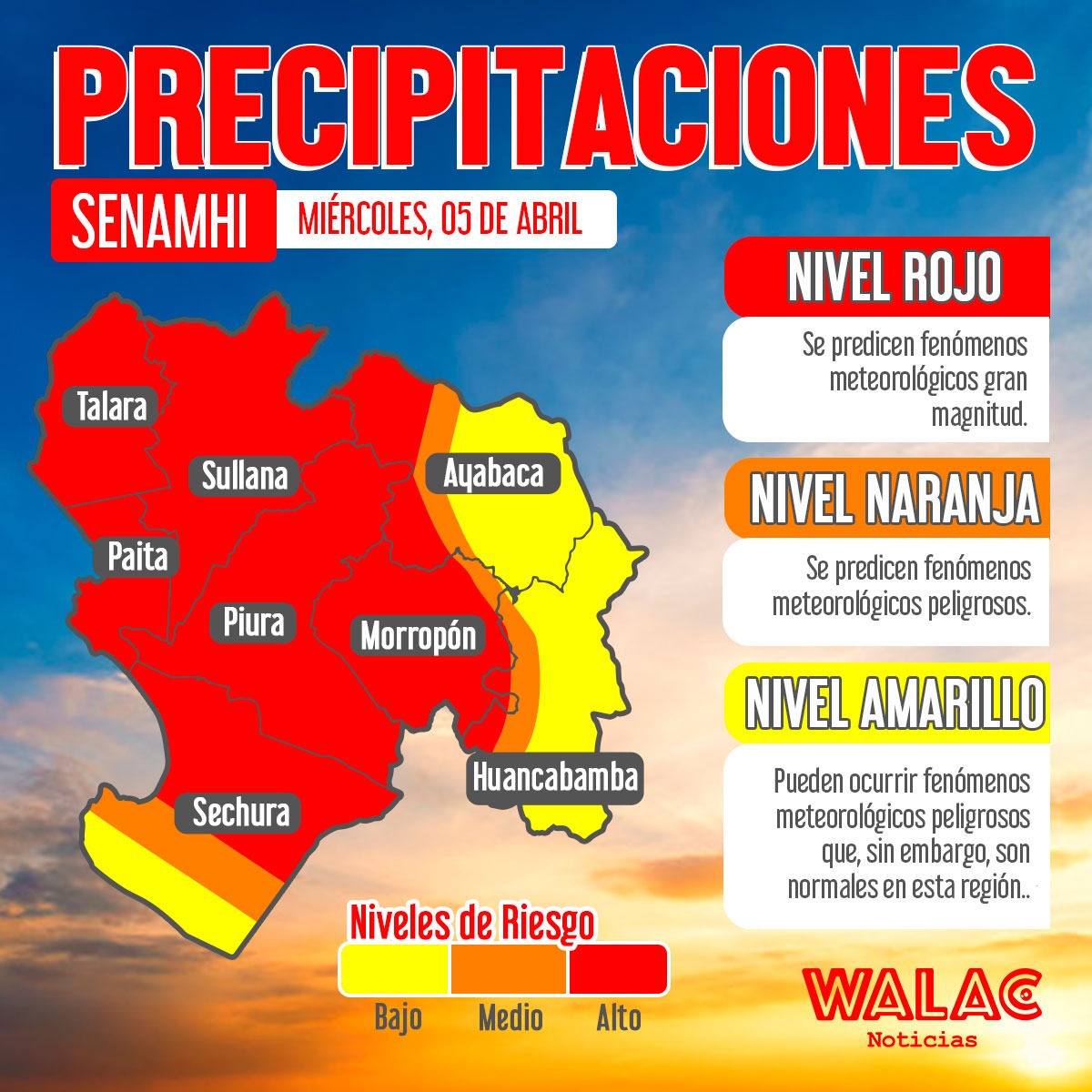 Lluvias de moderada a extrema intensidad se presentarán hasta el jueves 06 de abril. / Gráfica: Walac Noticias / Javier Villegas. 