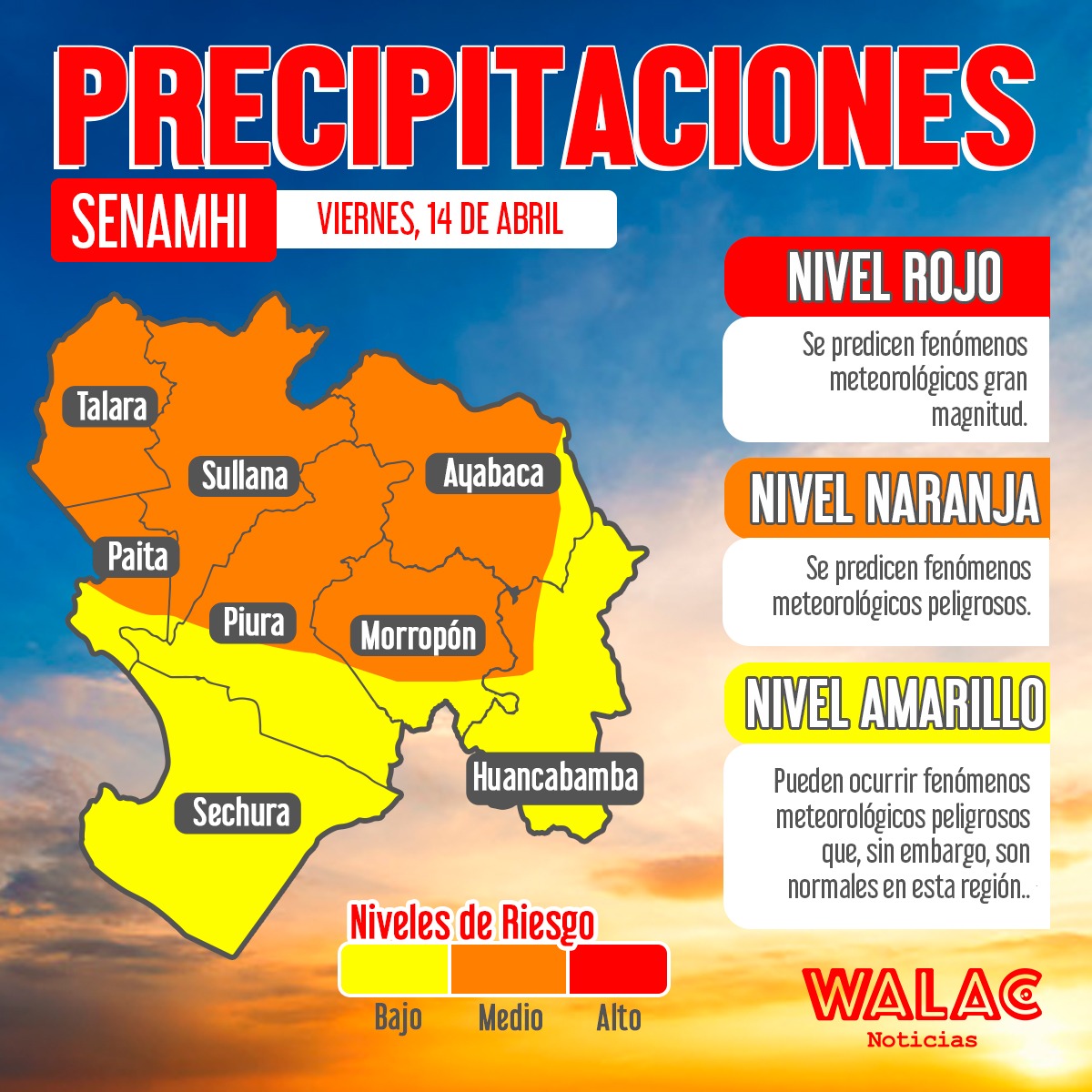 Senamhi pronostica lluvias intensas para este 14 y 15 de abril. / Gráfica: Walac Noticias / Javier Villegas.