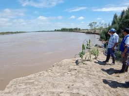 Río Piura amenaza dique de contención en Chato Chico. / Foto: Walac Noticias / David Tejada.