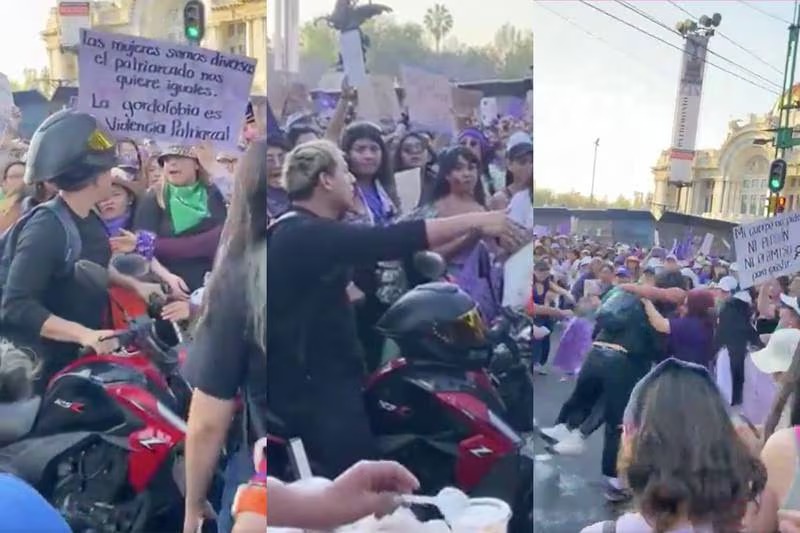 Feministas vs motociclista se enfrentan a golpes en la marcha 8M en Ciudad de México