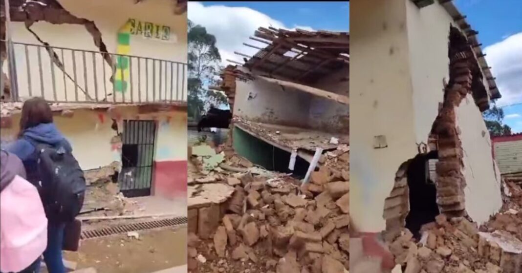 Huarmaca: colegio secundario colapsa ante constantes lluvias. Foto: Facebook.