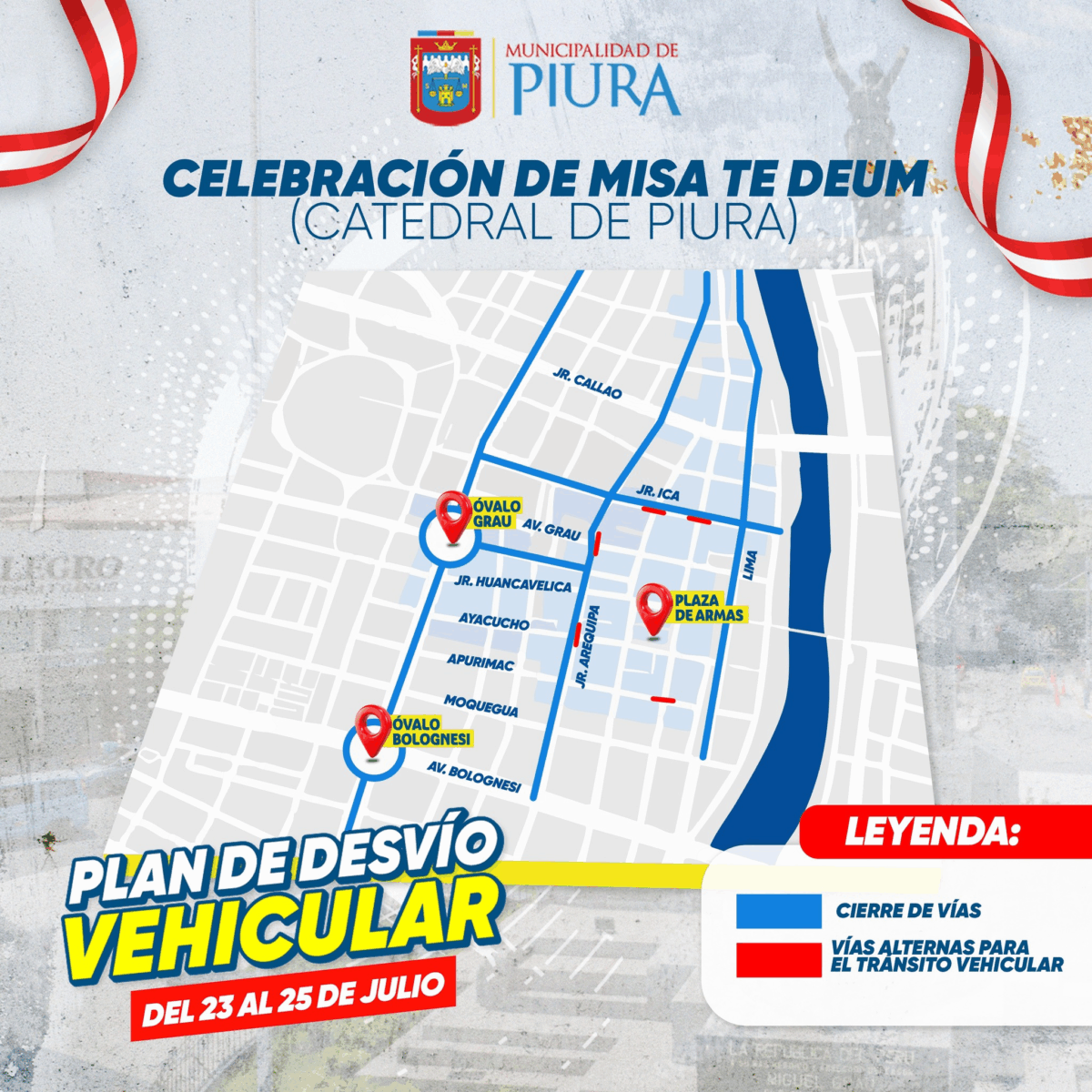 Plan de desvío vehicular por Fiestras Patrias 2025 en Piura - Celebración de Misa Te Deum