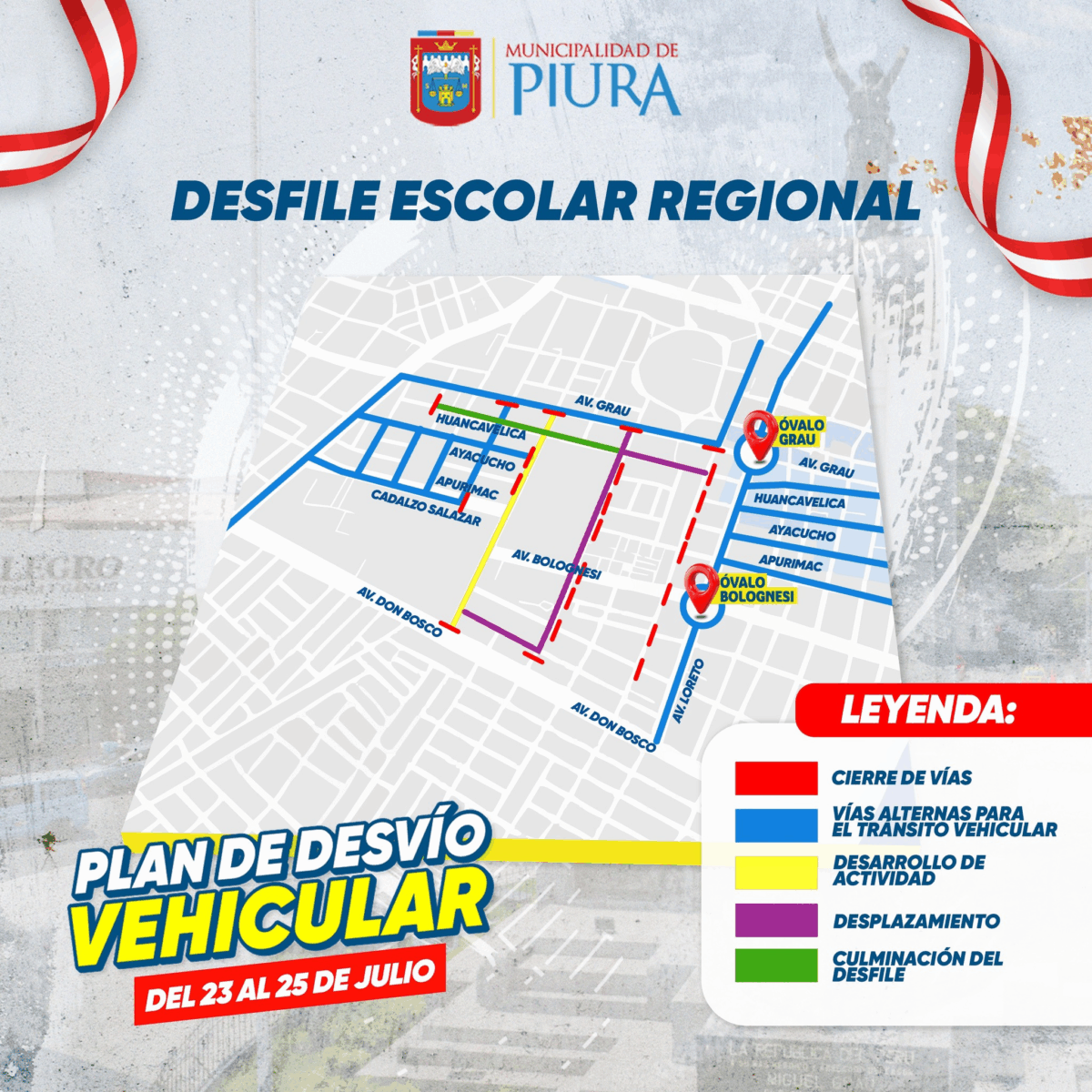 Plan de desvío vehicular por Fiestras Patrias 2025 en Piura - Desfile Escolar Regional