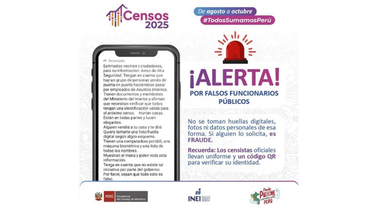 INEI alerta sobre falsos funcionarios que se hacen pasar por censistas del 2025