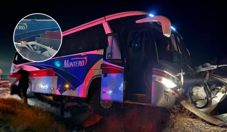 Un bus de la empresa Montero colisionó de manera aparatosa contra una minivan blanca.