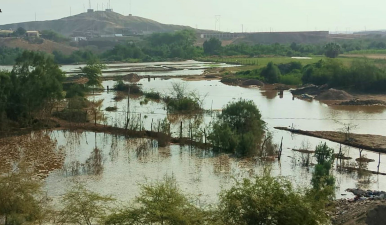 El incidente se registró en la quebrada La Talareña, donde el desborde del agua se extendió hacia terrenos de cultivo y áreas de producción de ladrillos.